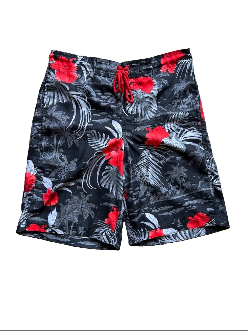 Vintage Y2K Men's Floral Board Shorts Black Red Beach Tropical Swim Size M
